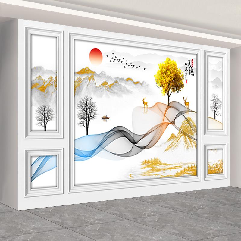 电视背景墙壁画防潮影视墙壁纸18d客厅墙纸3d立体新中式山水墙布