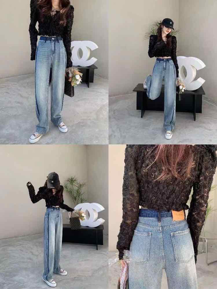 拼接高腰韩版宽松牛仔时尚秋款重工直筒洋气休闲牛仔裤