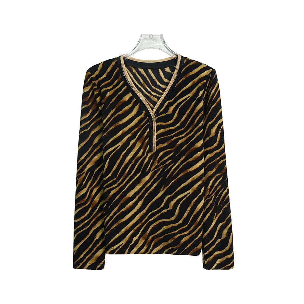 X2690春上新网纱印花V领T恤长袖修身显瘦上衣