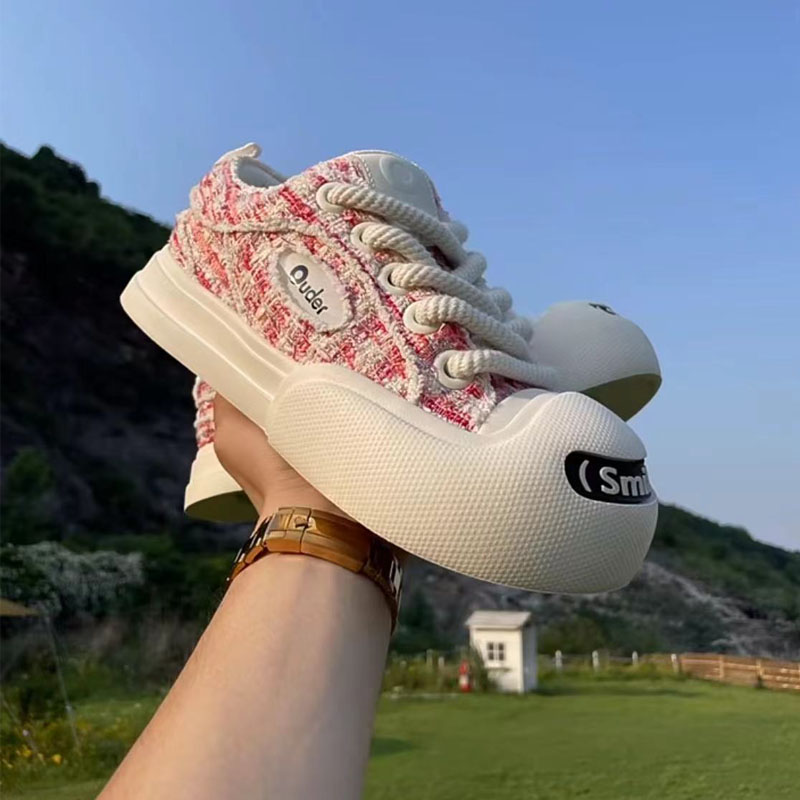 Ouder 小香风开口笑帆布鞋女夏季小众国潮丑萌大头鞋系带厚底板鞋