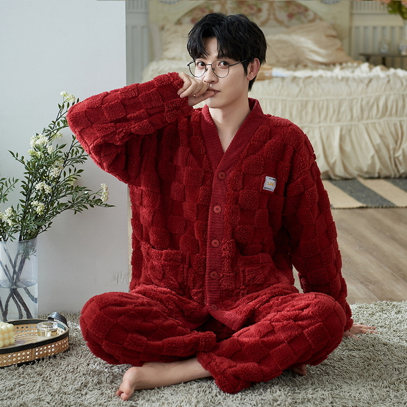 睡衣男冬季法兰绒加绒加厚珊瑚绒男士家居服冬天保暖套装