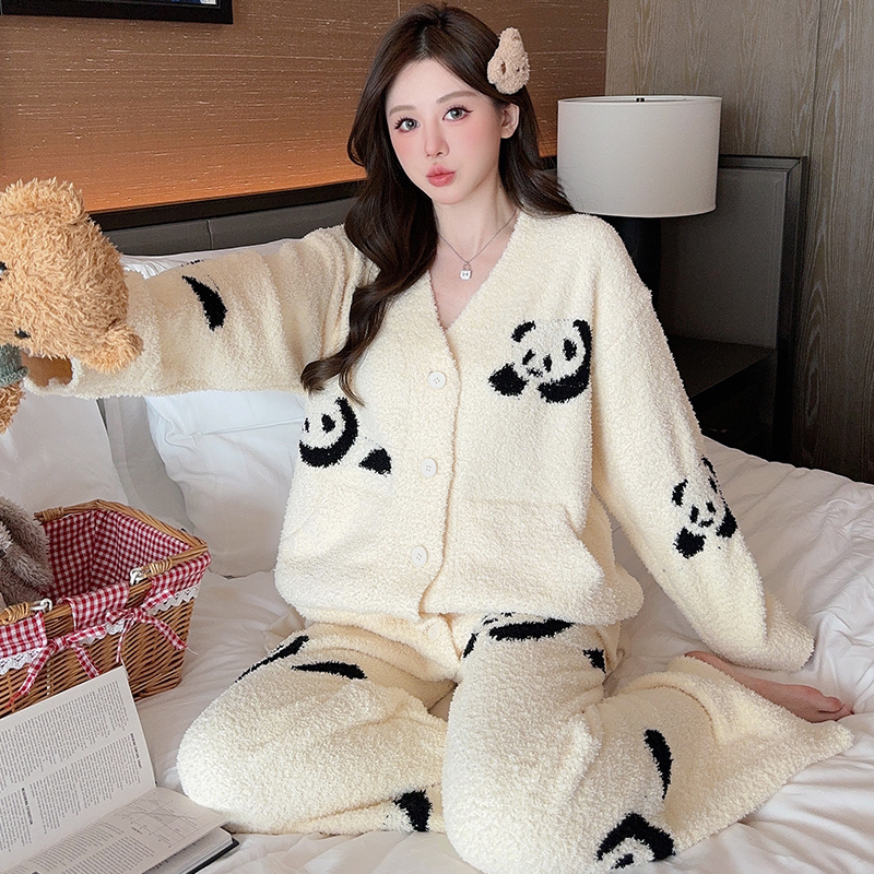 睡衣女冬季珊瑚绒加厚加绒秋冬半边绒熊猫可外穿冬款法兰绒家居服