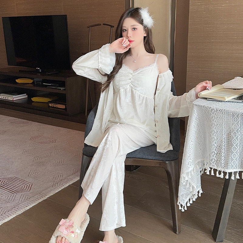 金丝绒睡衣女春秋季长袖高级感网红风可外穿甜美印花家居服套装