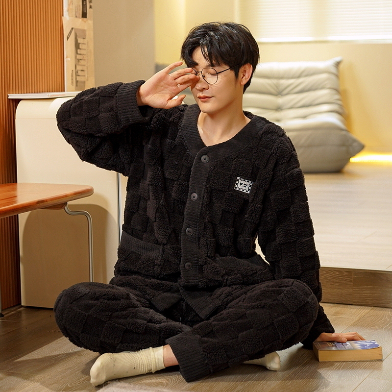 秋冬季珊瑚绒男睡衣长袖长裤舒适厚款保暖男家居服可外穿