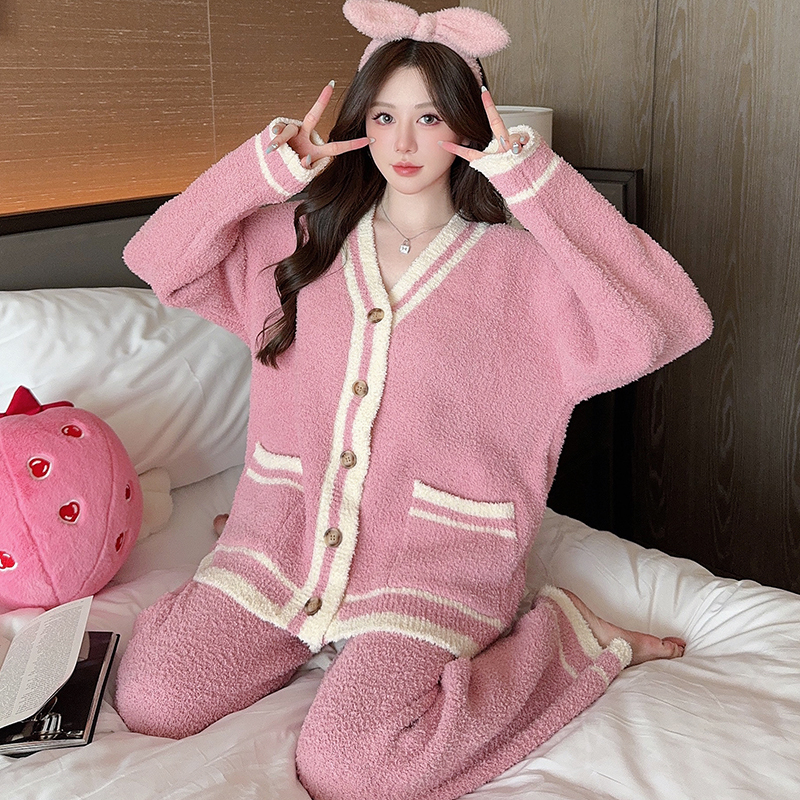 秋冬新款小香风软绵绵睡衣女开衫可外穿休闲时尚半边绒家居服加厚