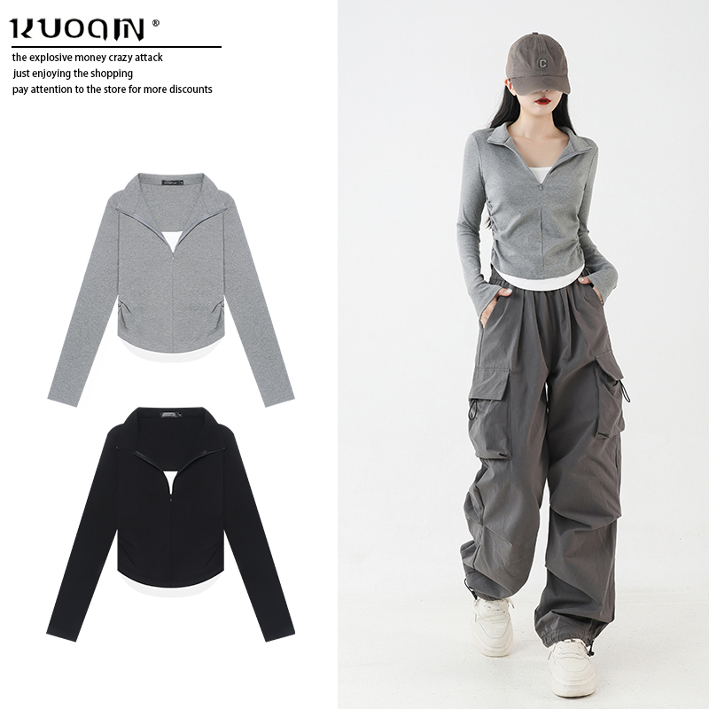 正肩假两件短款上衣女半拉链立领长袖t恤高级感爵士舞穿搭秋kq117