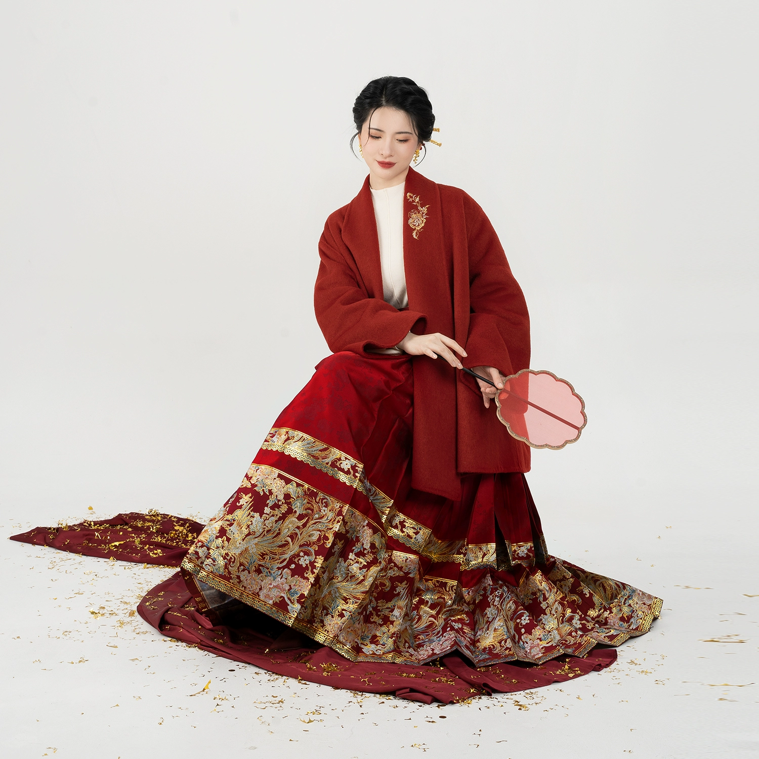 织造司[金丝月季]新年战袍红色双面绵羊毛呢子大衣妆花织金马面裙