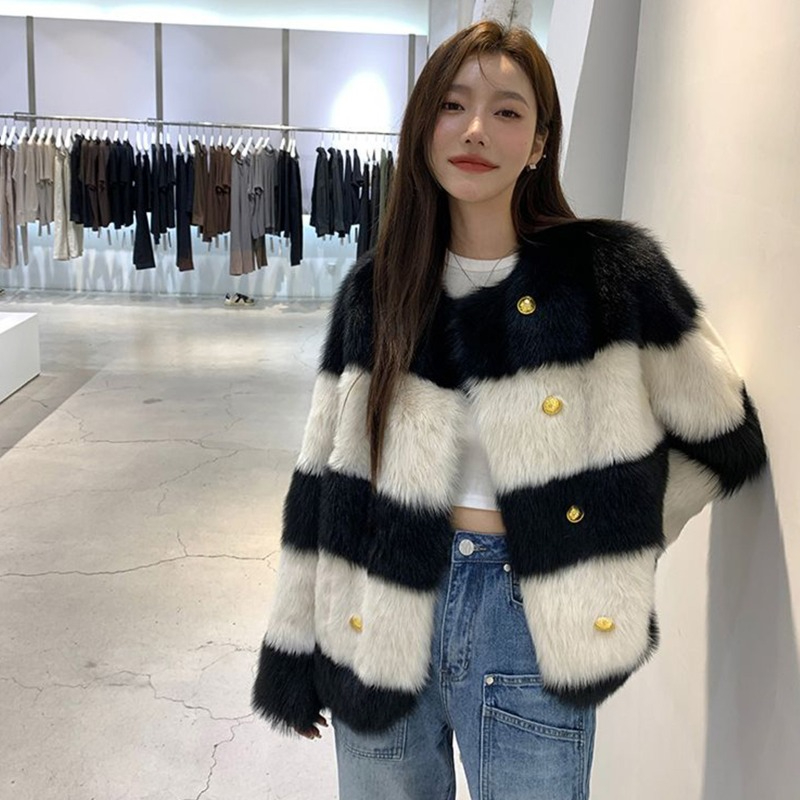 韩版条纹毛茸茸外套女2023新款爆款高级感休闲宽松仿貂毛皮CH