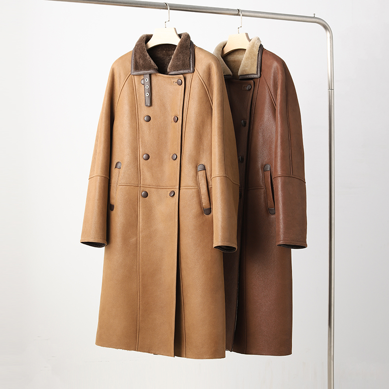 皮毛一体外套女2024冬季新长款保暖双排扣棕色羊毛皮草大衣