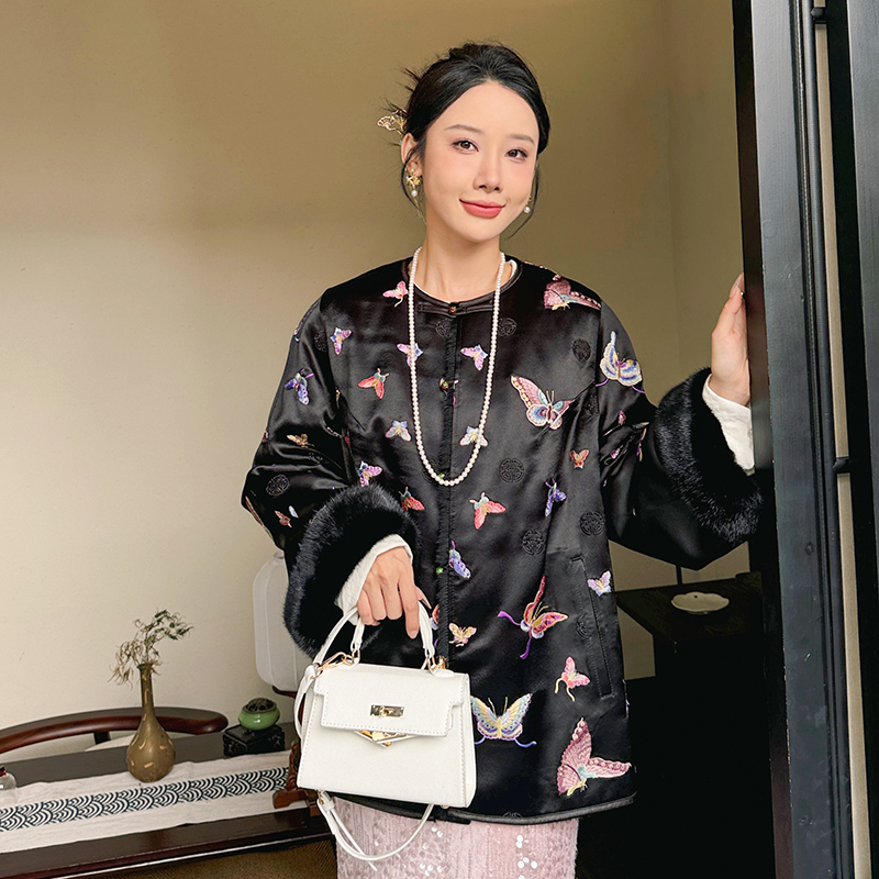 【蝶语】水貂皮草外套女貂皮大衣2024新款年轻款新中式国风醋酸上衣