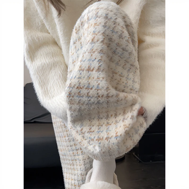 孕妇裤子秋冬外穿2025年新款千鸟格慵懒风直筒阔腿裤加绒加厚保暖