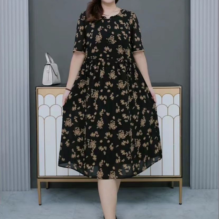 胖依依大码女装碎花圆领连衣裙230809