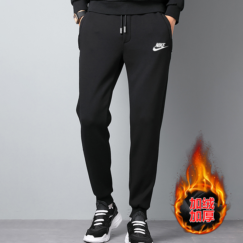 NK休闲裤男士秋冬季加绒加厚直筒小脚运动裤纯棉卫裤男束脚长裤子