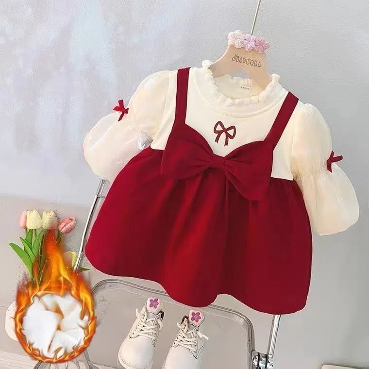 女童冬装连衣裙婴儿女宝宝加绒冬季款裙儿童红色礼服01-4