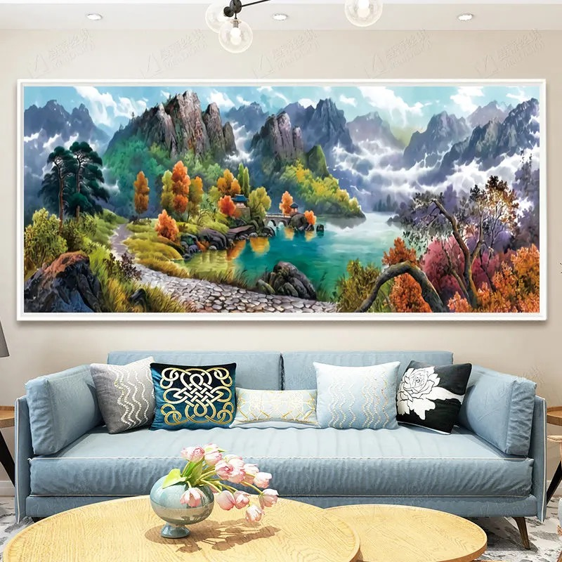 【爱阁】依山傍水聚宝盆十字绣2025新款中式客厅风景山水大幅手工绣