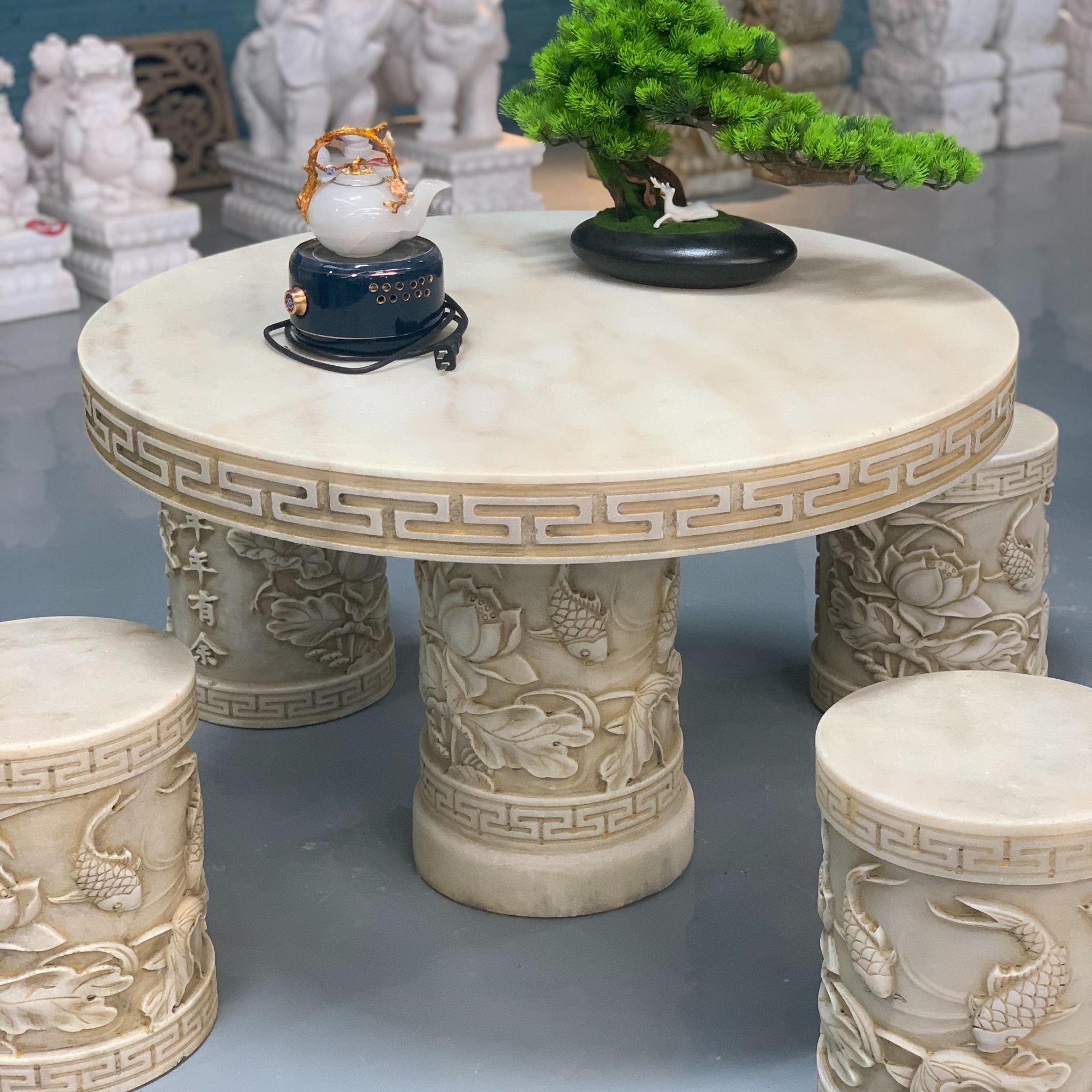 天然石材原石雕刻庭院石桌凳一桌四凳户外耐用茶桌不含安装和卸车