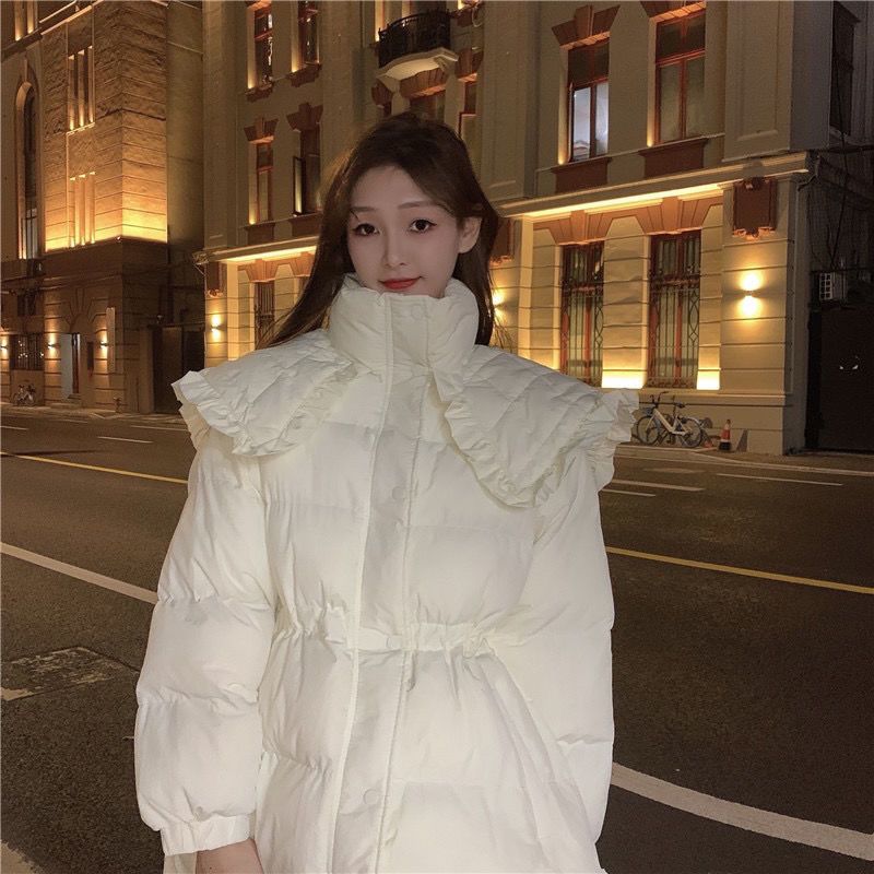 棉服女冬季2023新款韩版可拆卸花边领两穿宽松收腰显瘦外套