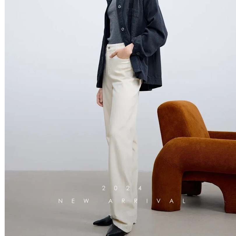 Sue.m进口orta白牛仔直筒裤休闲显瘦白色时尚春夏长裤女士西裤