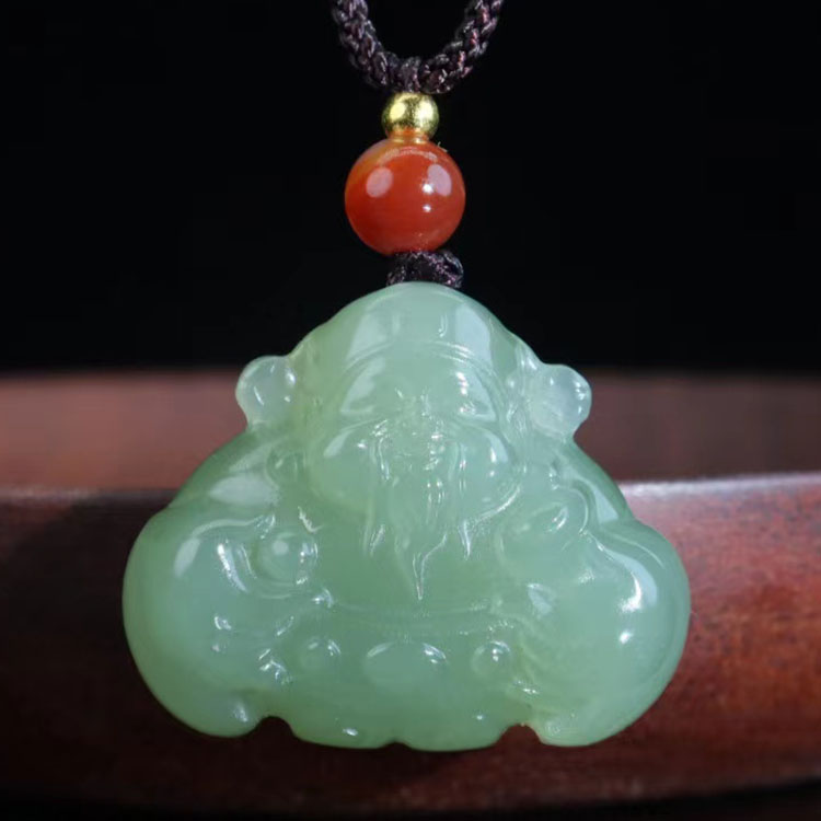 和田玉晴水双面雕刻湖水绿财神项链玉佩吊坠男女款山流水玉坠挂件