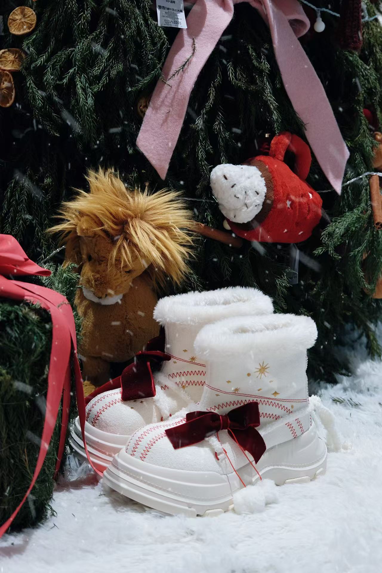 小马家 圣诞限定雪地靴乳白色厚底增高防水防滑羊毛保暖加绒款