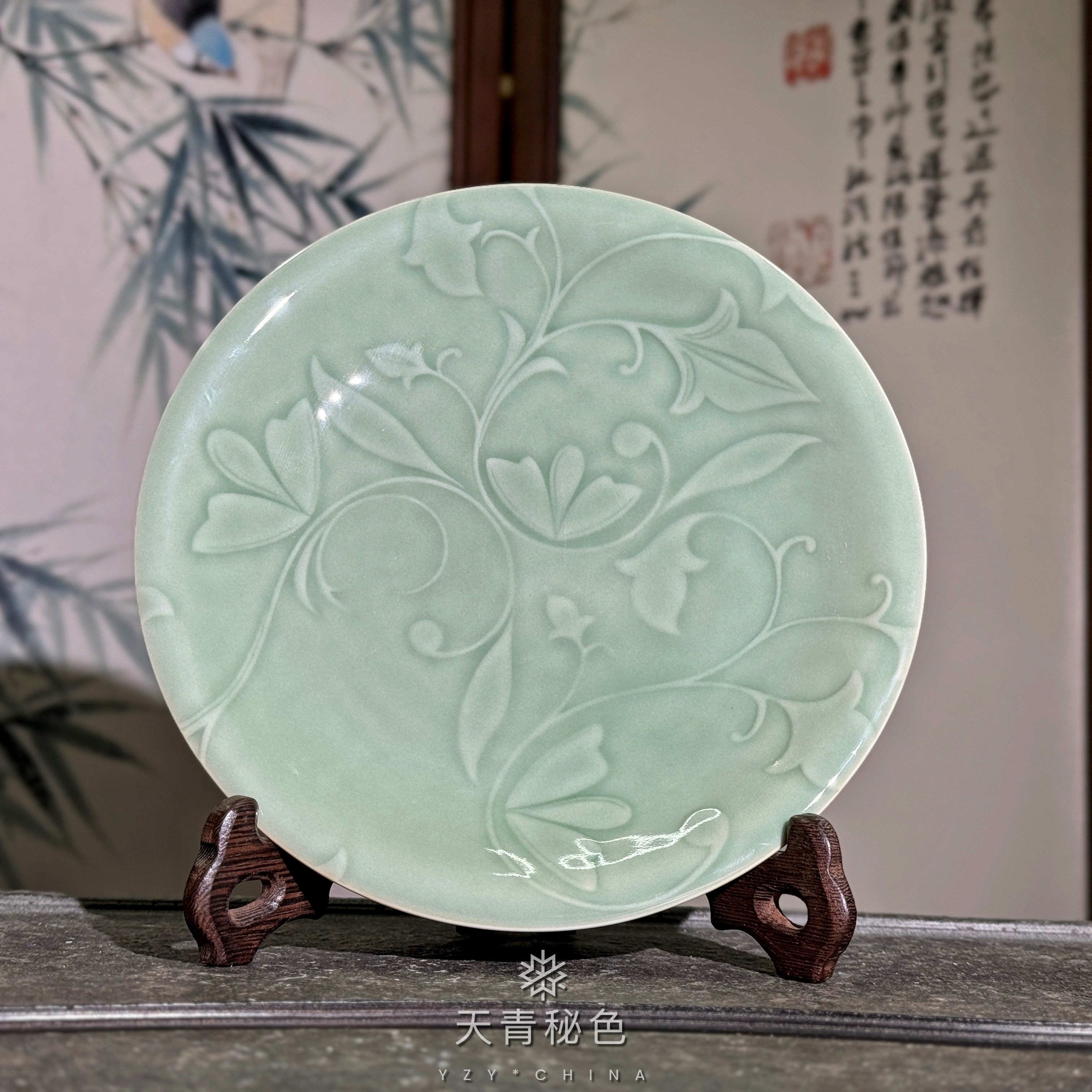 长安知己耀州窑原矿高温青瓷家用中式陶瓷餐具8英寸浮雕玉兰餐盘