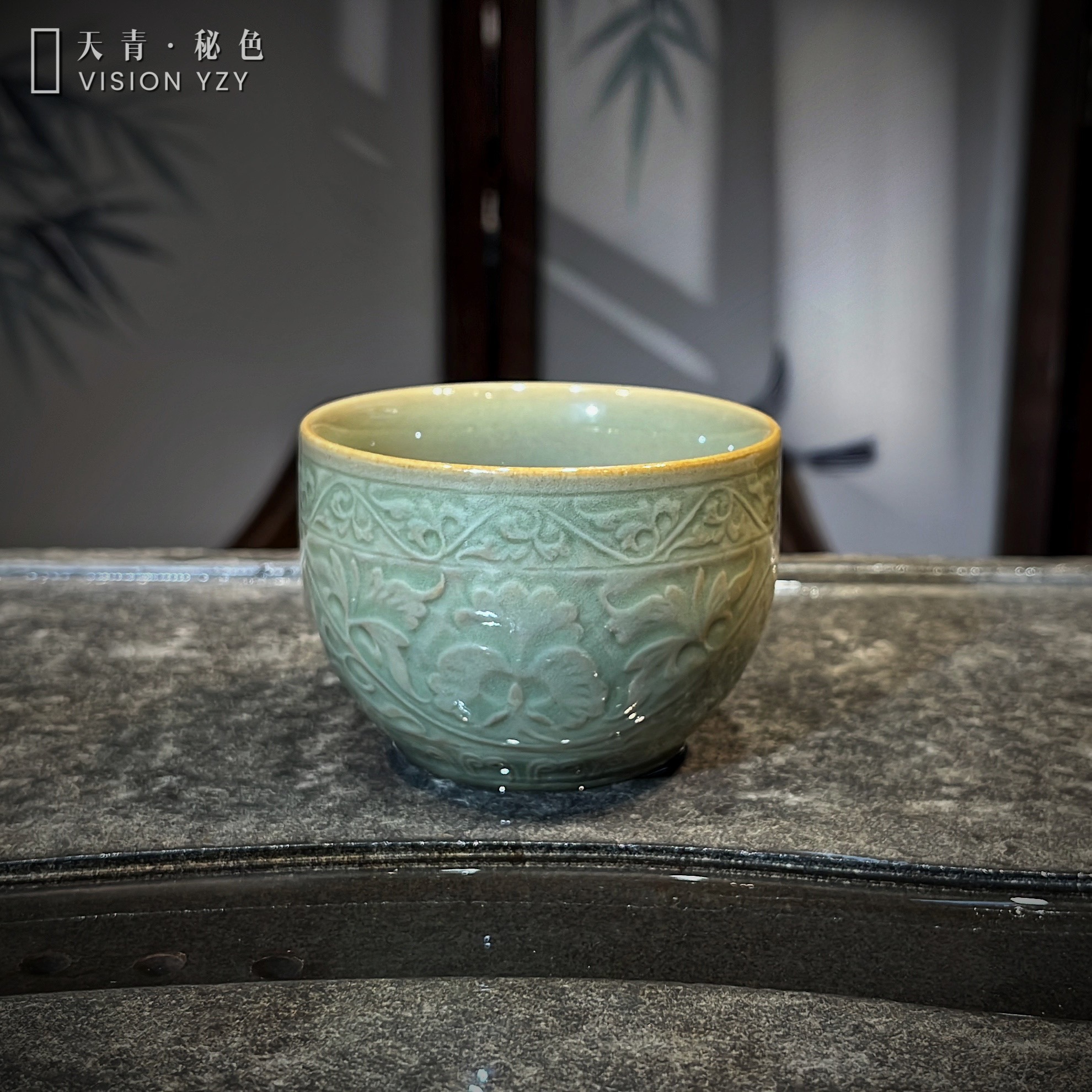 长安知己150ml牡丹缸杯耀州窑天青秘色原矿中式家用陶瓷主人茶杯