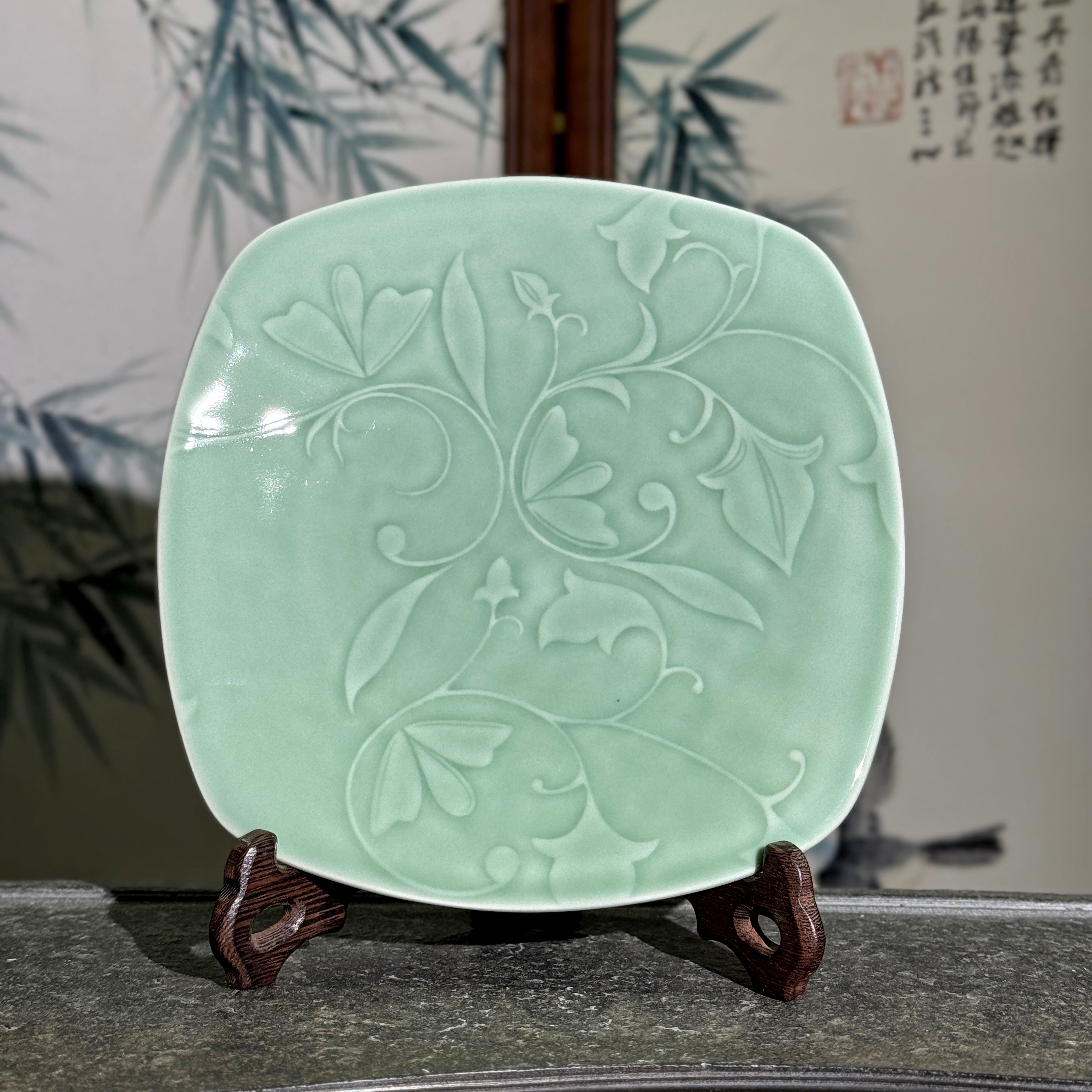 长安知己耀州窑原矿高温青瓷8英寸浮雕玉兰中式餐盘家用陶瓷方盘
