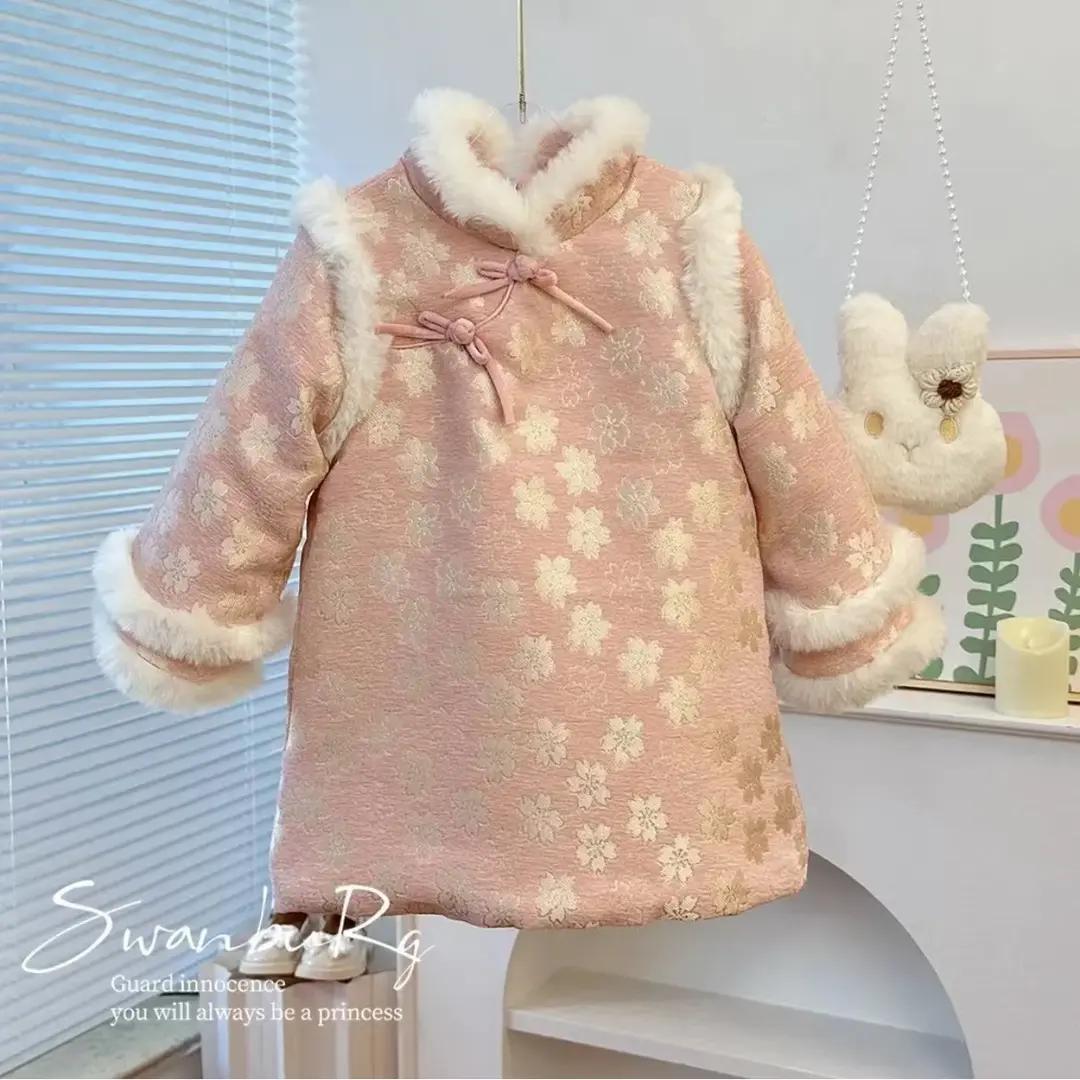 女童中国风旗袍裙女宝宝新年服汉服唐装儿童冬季夹棉加厚保暖裙子