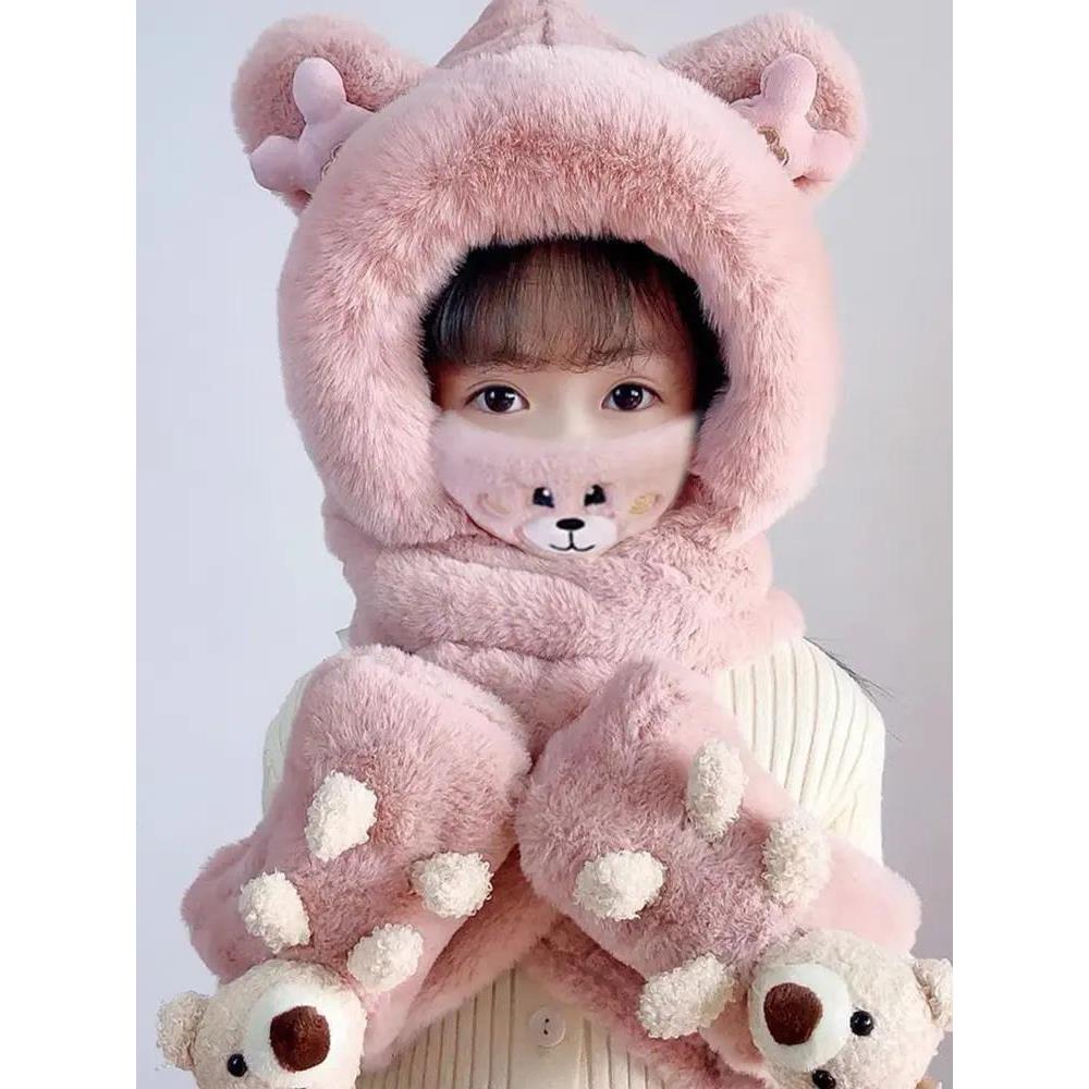 儿童帽子围巾手套一体冬季女童加绒加厚秋冬防风帽宝宝毛绒冬天帽