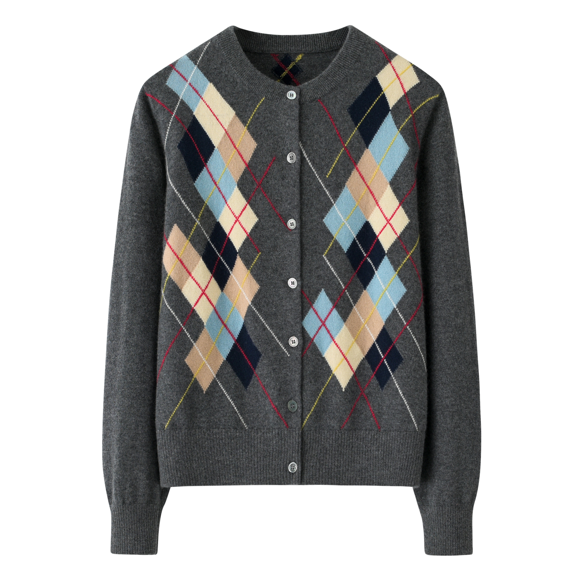 绒心羊绒圆领菱格女开衫针织时尚休闲女士秋冬格纹