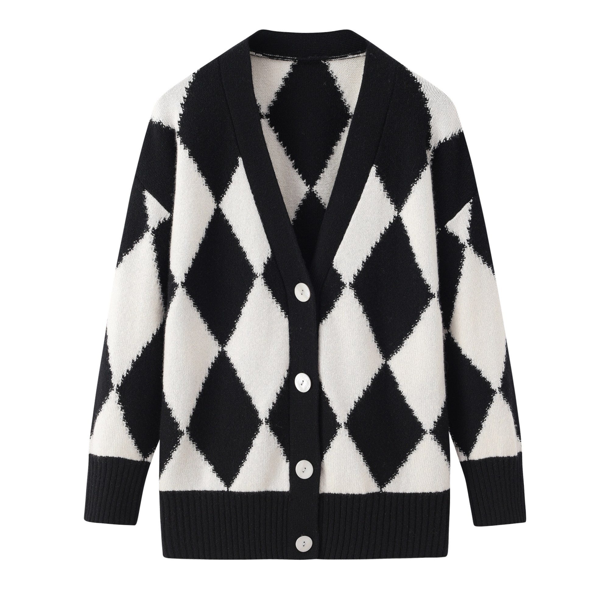 绒心羊绒双纱菱形格女开衫外套黑白秋冬时尚宽松女装针织衫加厚