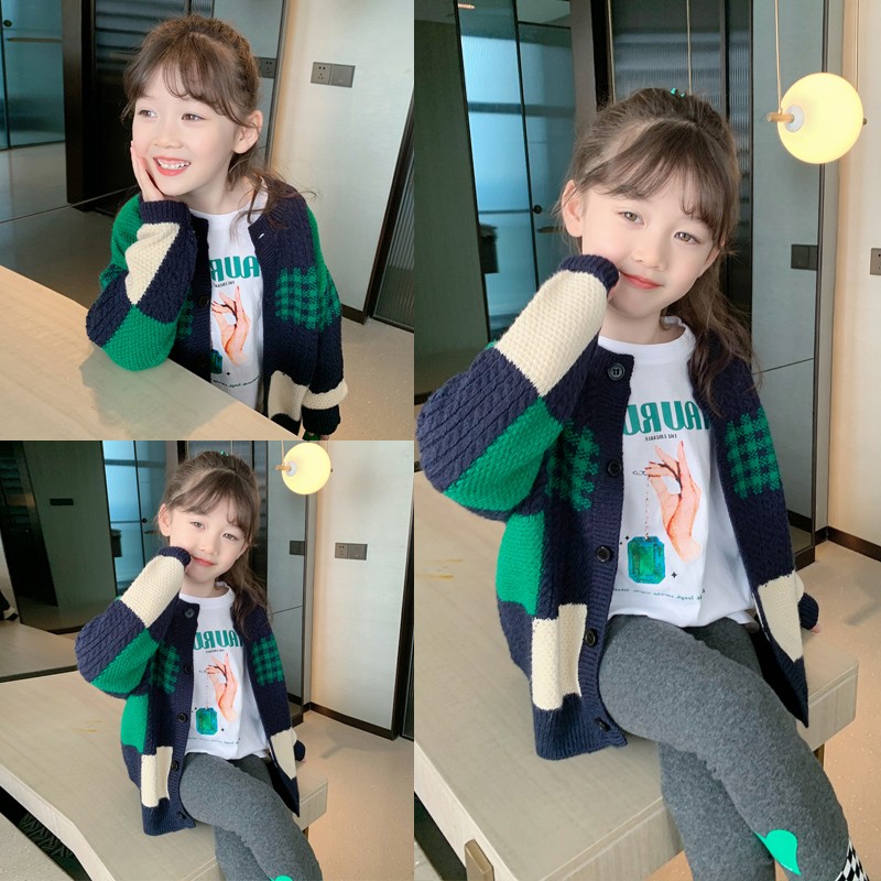 女童毛衣开衫2023春装新款儿童洋气撞色上衣宝宝时髦春秋针织外套