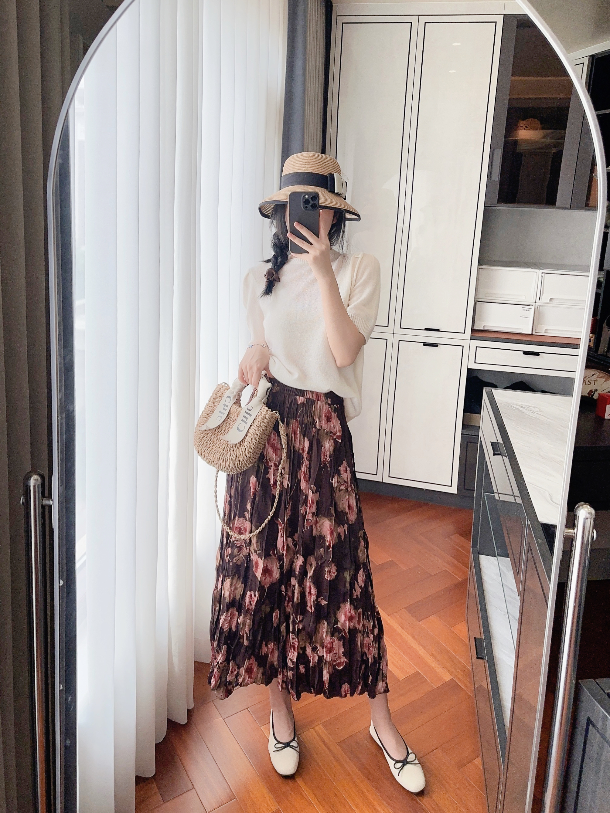 2024春夏新款大花雪纺褶皱半身裙