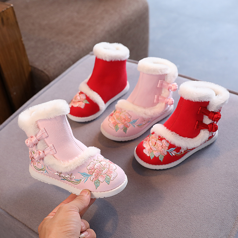 秋冬新款女童绣花鞋儿童加绒汉服鞋宝宝中国风短靴古风拜年鞋5291