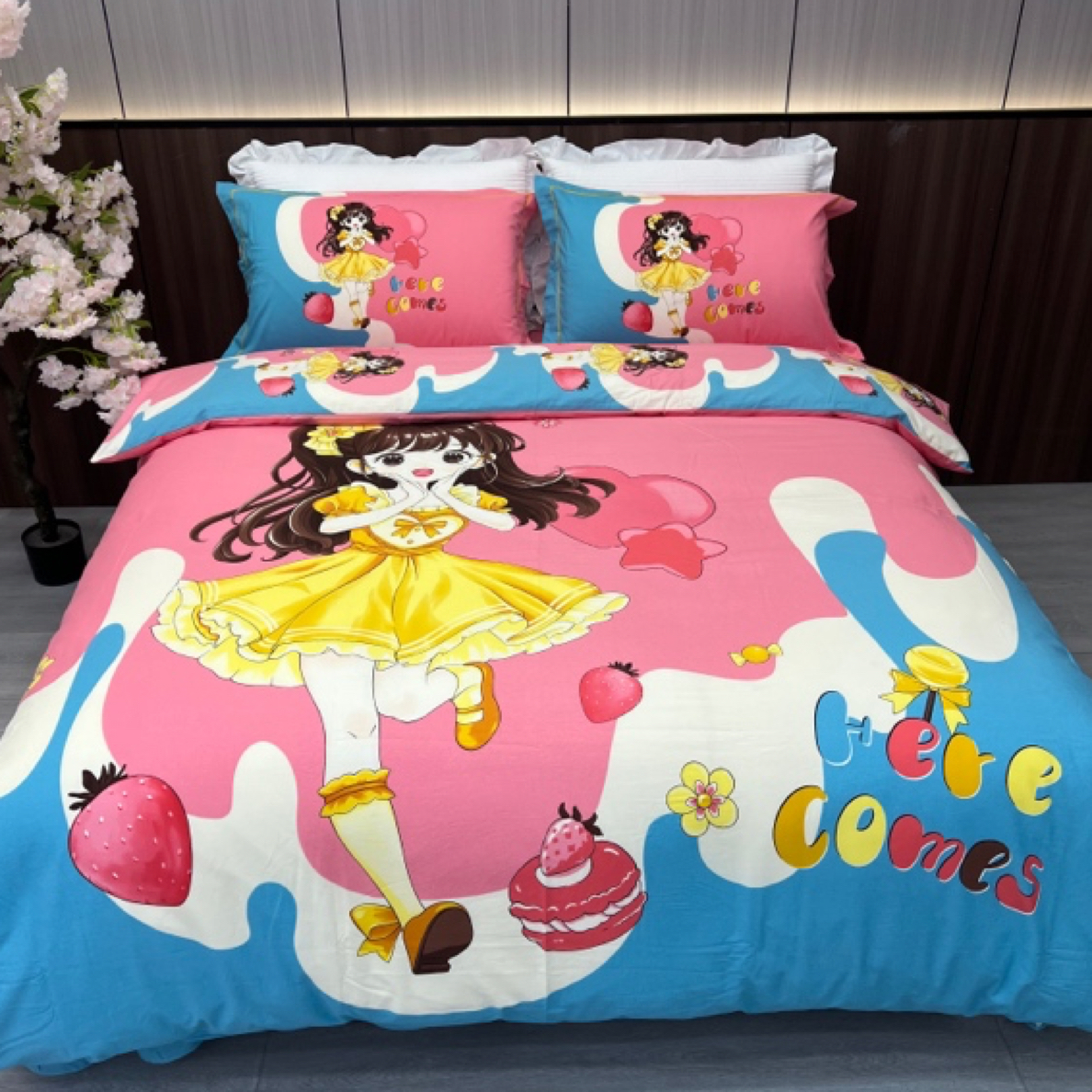 一家磨毛家纺新款纯棉四件套美少女兰简约亲肤斜纹加厚床上用品