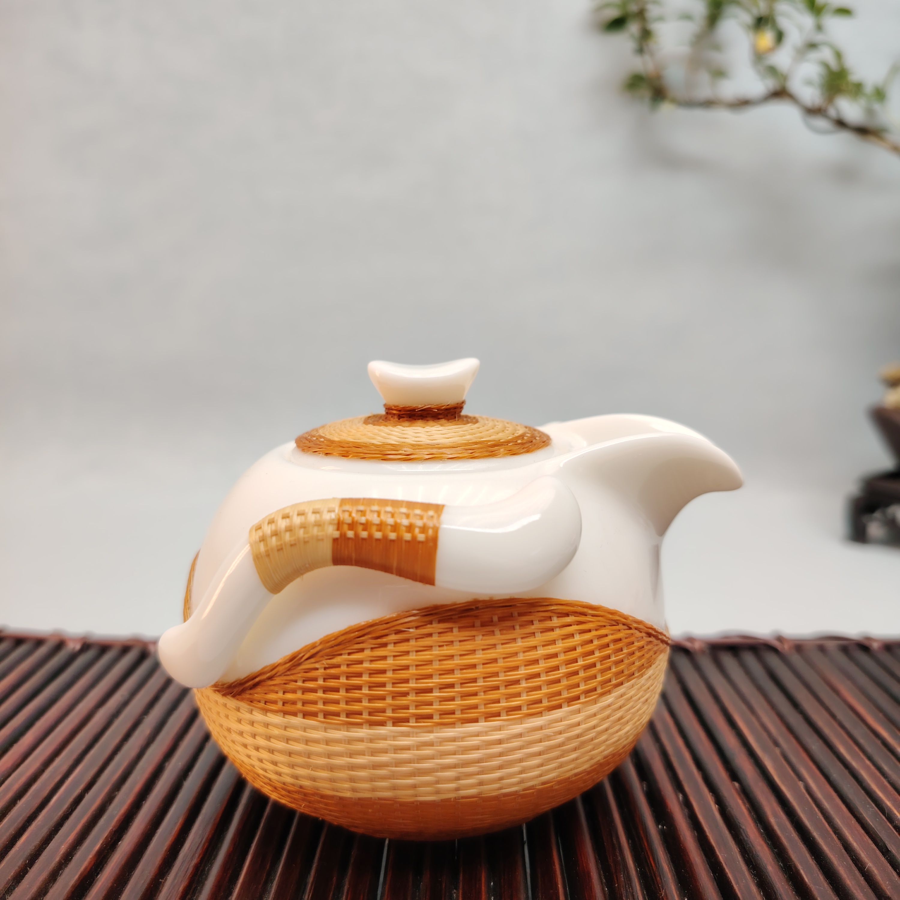 手工编织竹艺茶具玉瓷手抓壶礼盒高端商务礼品独特礼物高档茶具