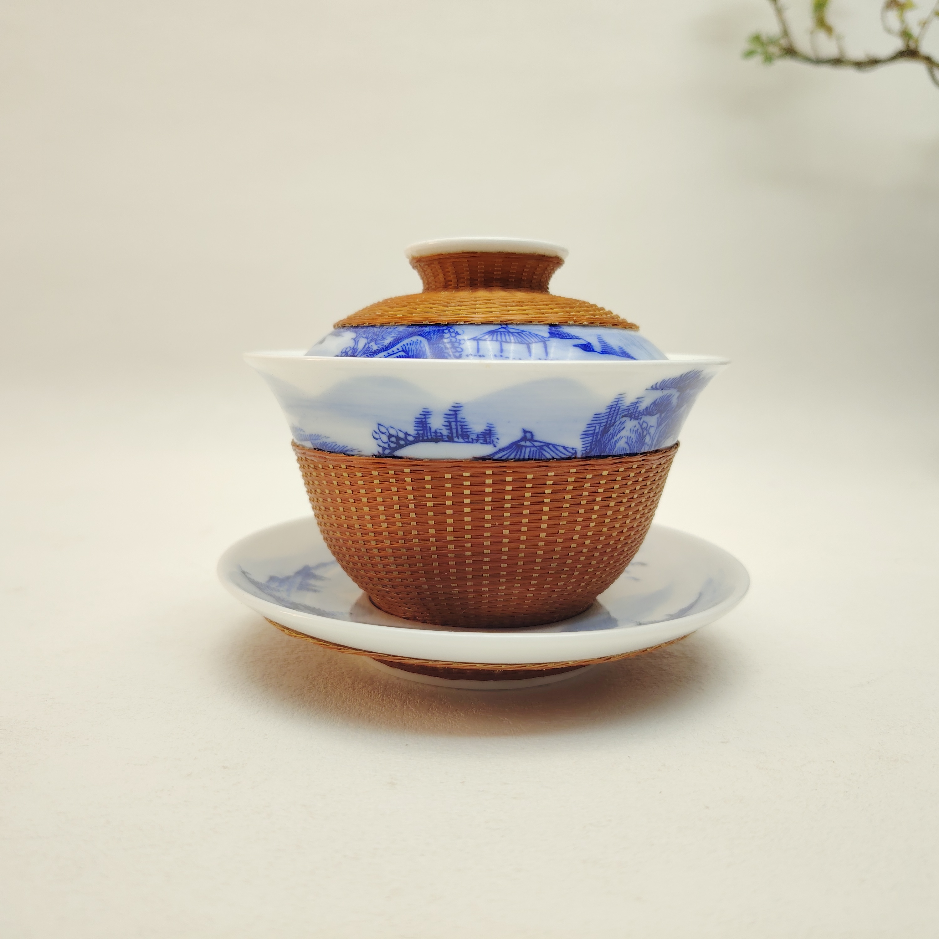 山水青花盖碗高端茶具竹丝手工编织商务礼品高端定制礼品非遗手工