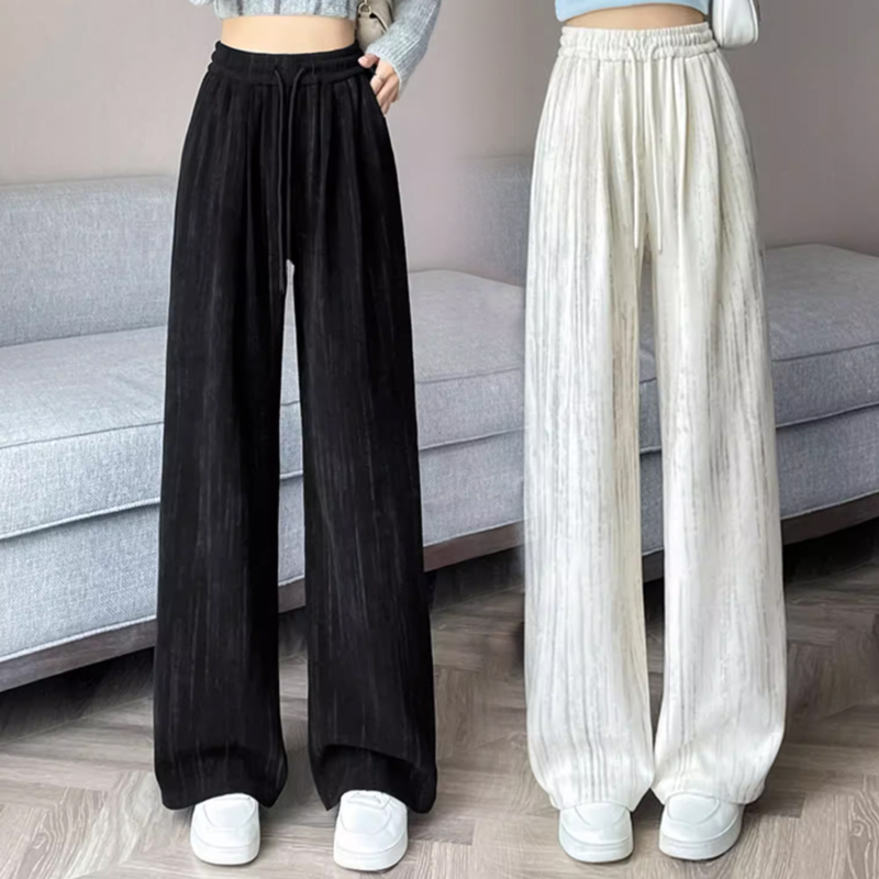 阔腿裤女秋冬加绒小个子高腰扎染高腰针织宽松休闲直筒拖地裤l