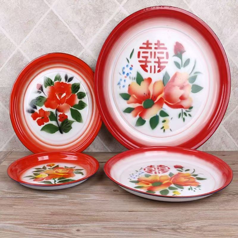 怀旧搪瓷盘 圆形茶盘 菜盘 火锅盘 复古铁盘子 大盘鸡盘 水果盘