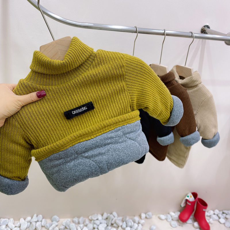 男童女童秋冬夹棉加厚阳离子打底衣儿童三层保暖高领毛线打底衫潮
