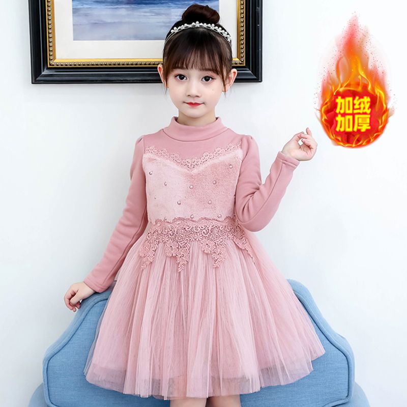 女童连衣裙冬装新款2023加绒女孩网红洋气公主裙韩版加厚蓬蓬纱裙
