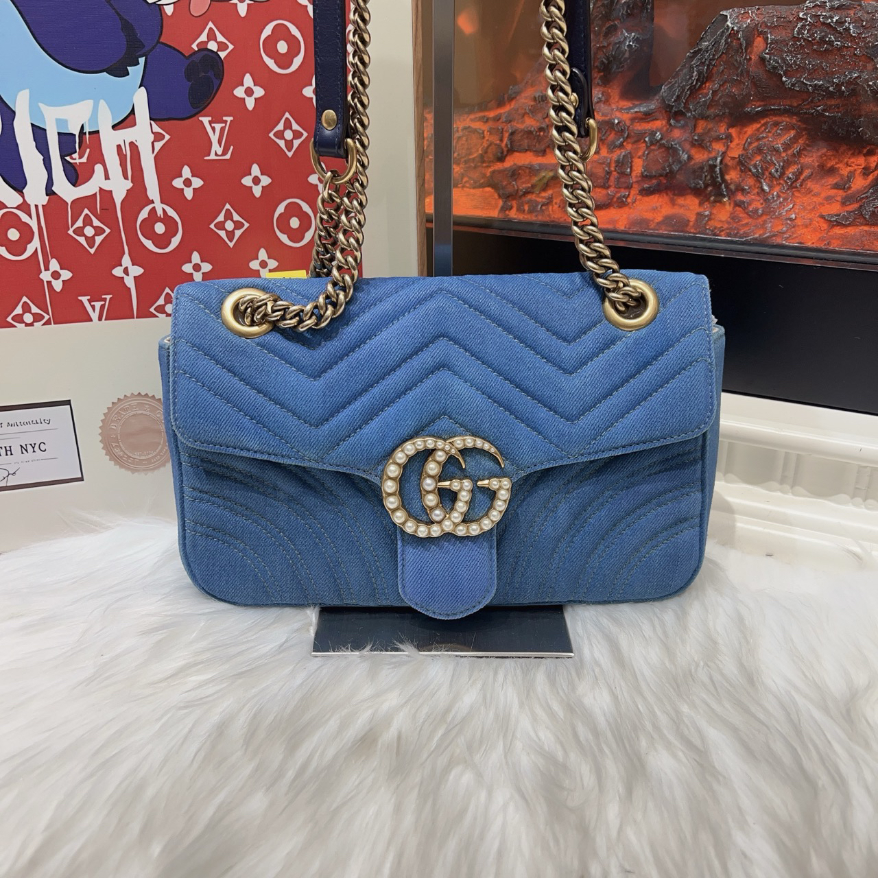 95新 GUCCI/古驰 牛仔马蒙26单肩斜挎包 a5558