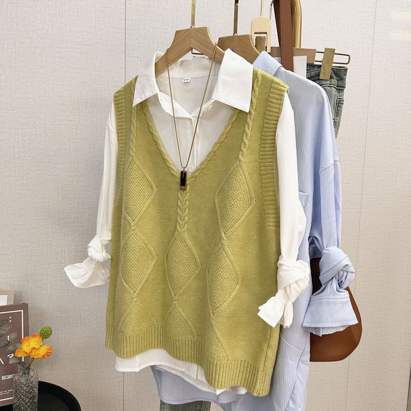 时尚简约气质V领复古麻花无袖针织毛衣马甲背心女套头秋打底叠穿