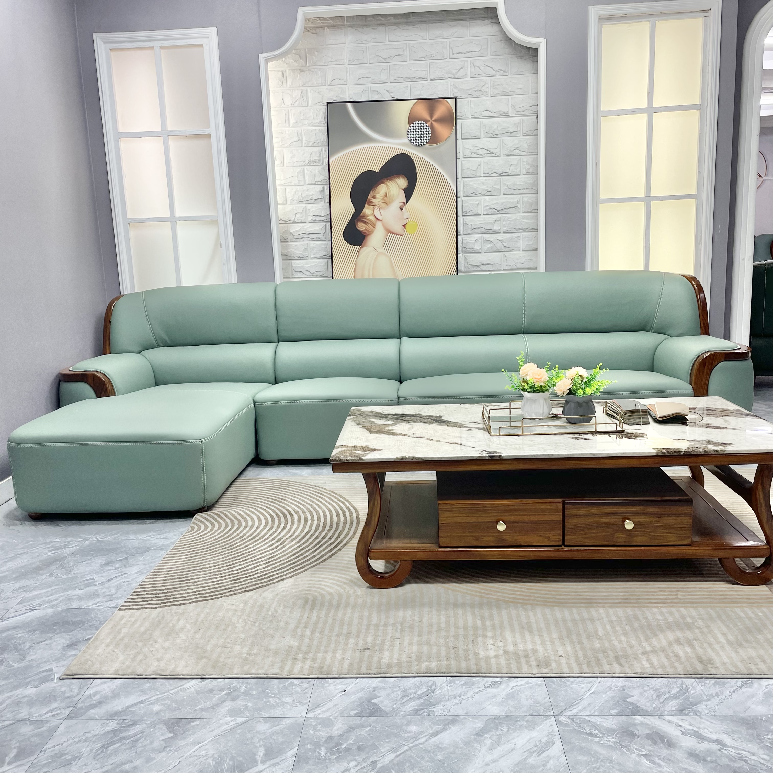 豪奢新中式现代简约乌金木头层牛皮贵妃转角沙发3.6*100*90