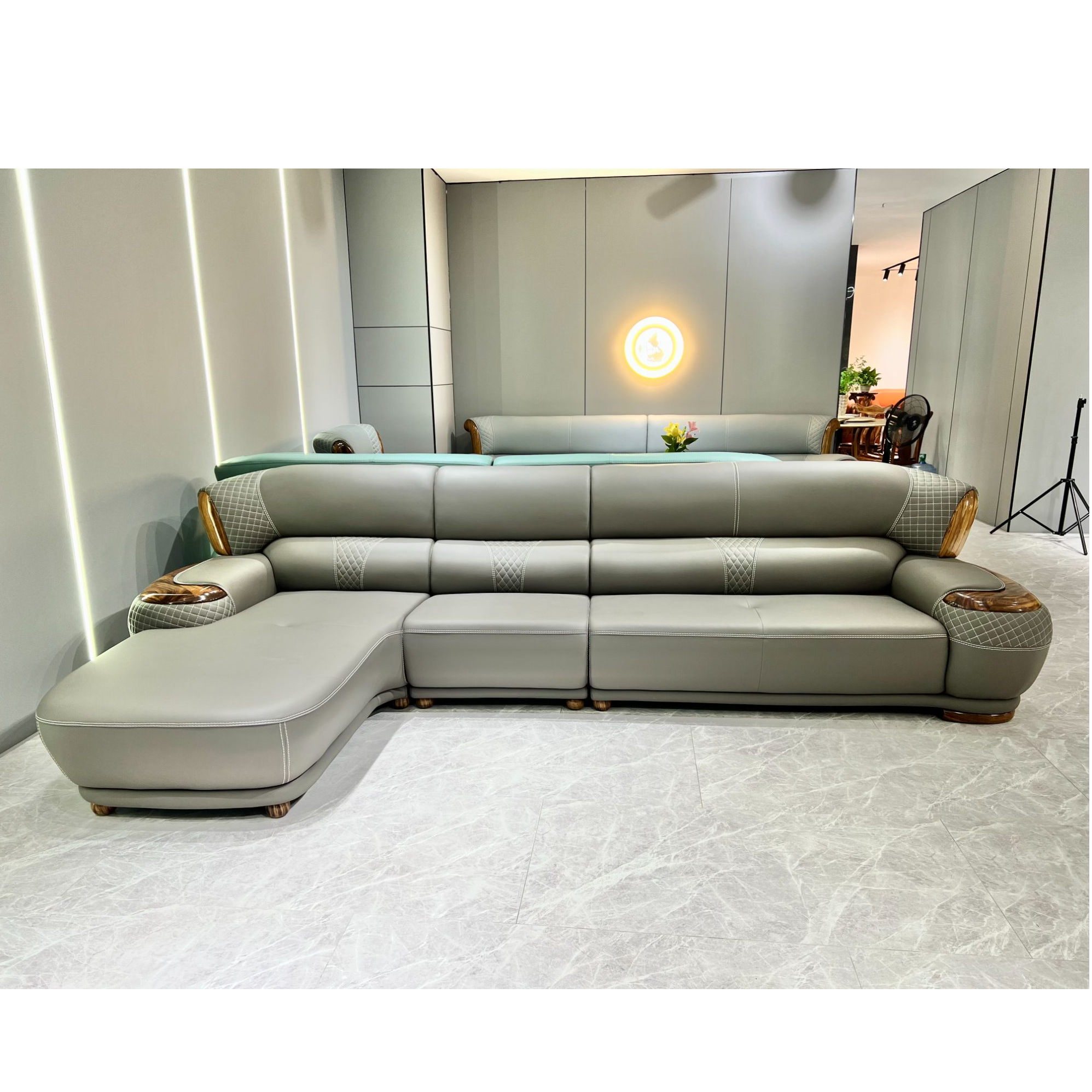 现代简约新中式乌金木头层牛皮沙发客厅贵妃380-100-93