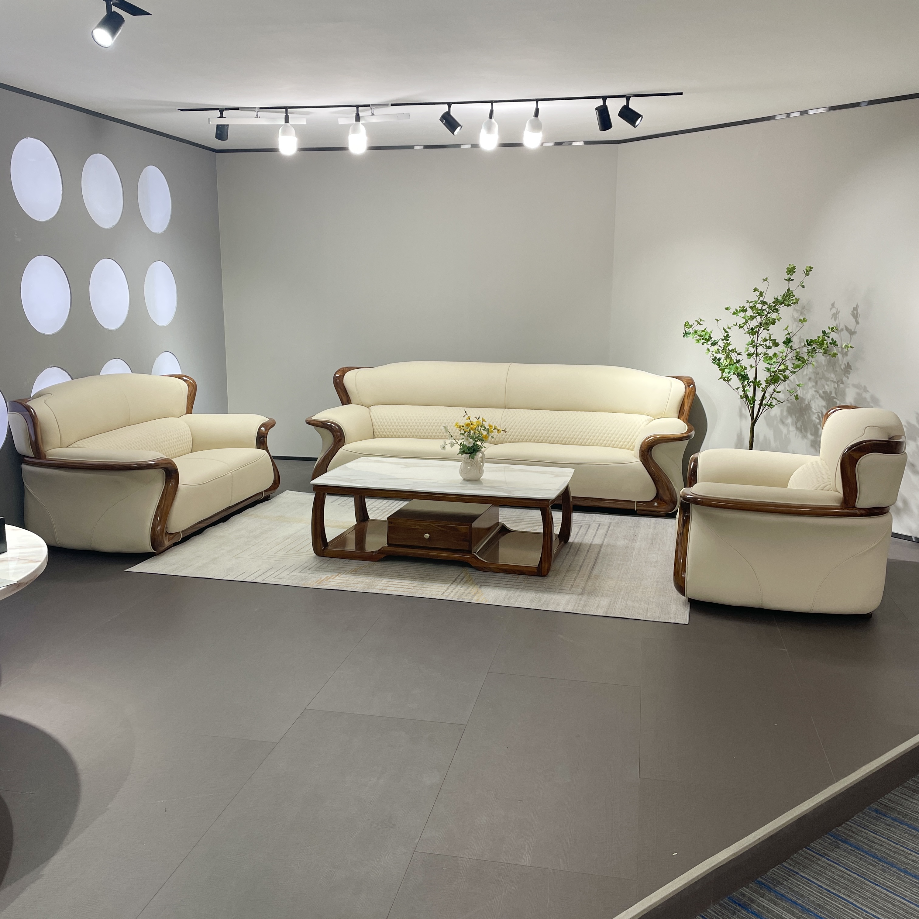 新中式乌金木头层牛皮沙发