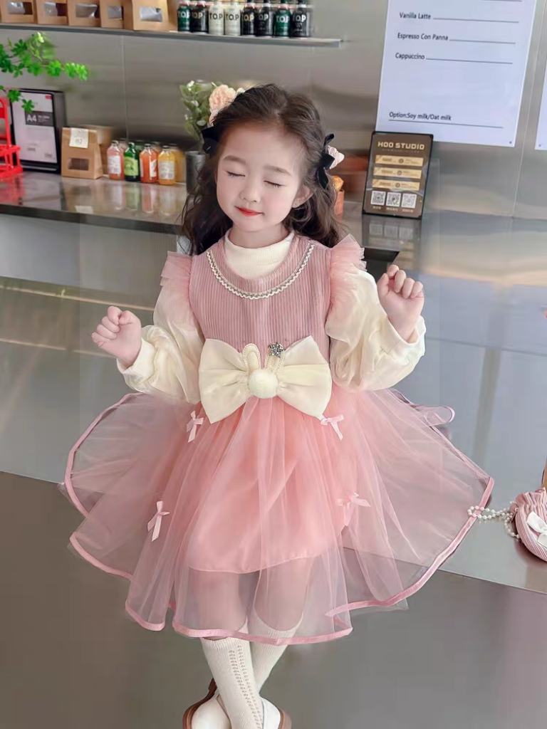 秋冬季女童女孩女宝 新款泡泡袖网纱假两件公主裙