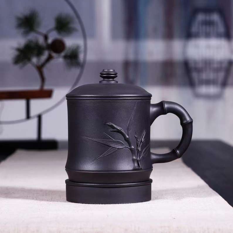 宜兴紫砂杯五件套茶水分离杯办公杯泡茶杯手工盖杯竹节五件杯黑泥