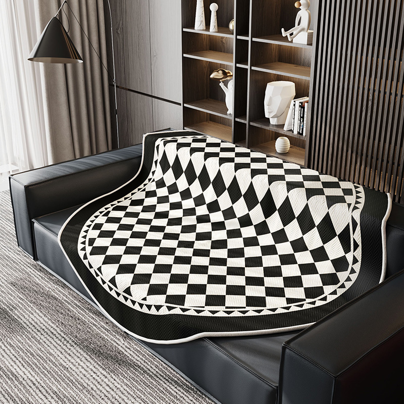 圆形沙发垫子轻奢高级感座垫创意格子坐垫一体式靠背垫黑色盖布巾