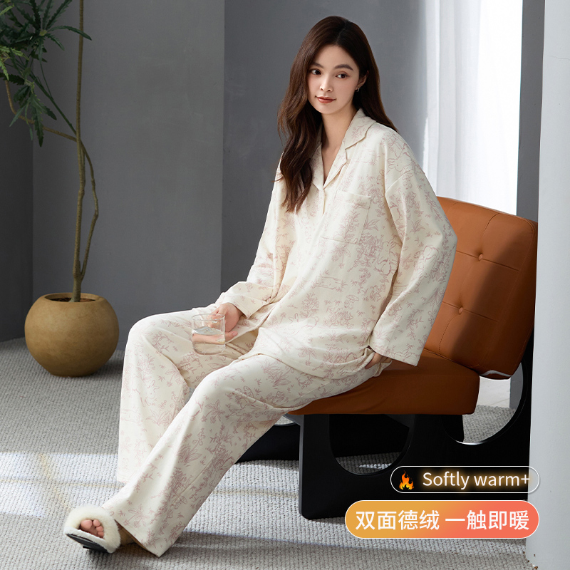 帕兰朵德绒睡衣女秋冬季开衫大码可外穿保暖高级感休闲家居服套装